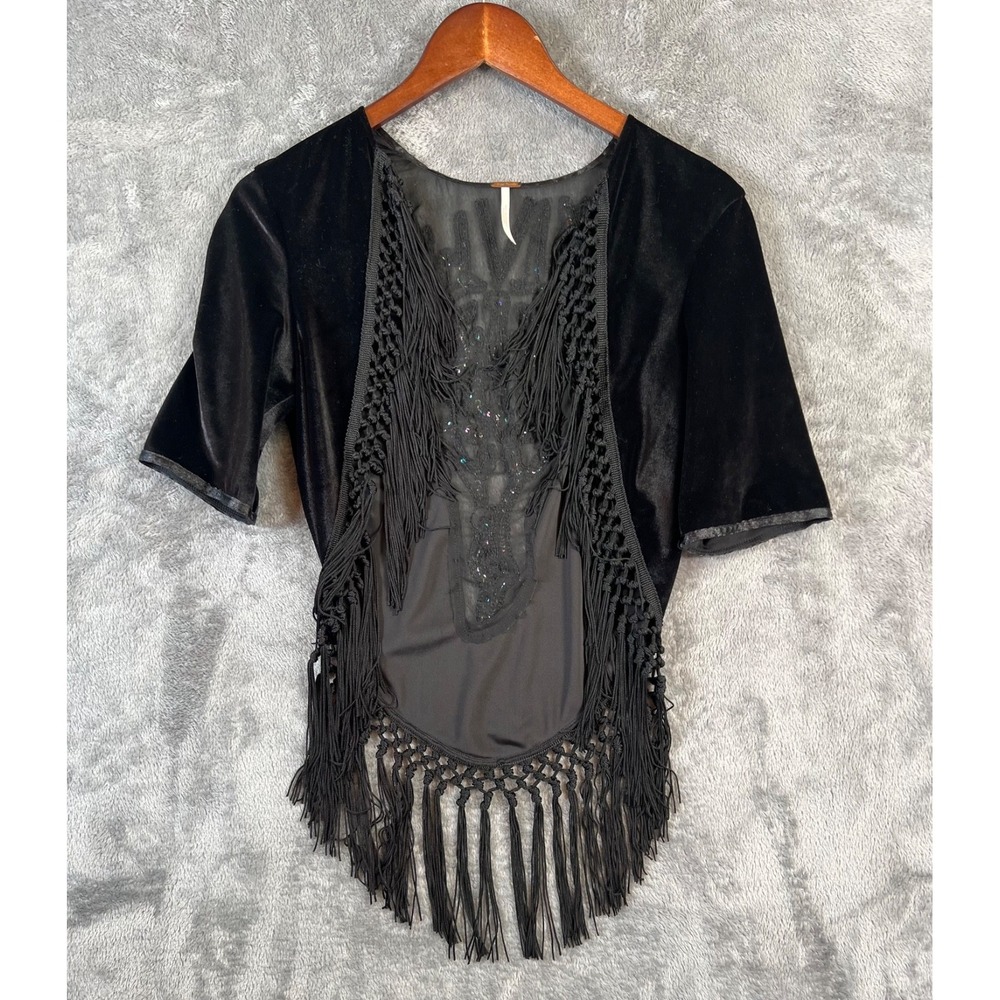 Free People Embellished Velvet Jacket Medium Black Sequined Fringe Boho Festival